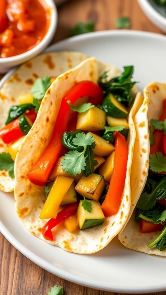 Vegetable tortillas filled with bell peppers, zucchini, and spinach, served with salsa on a plate.